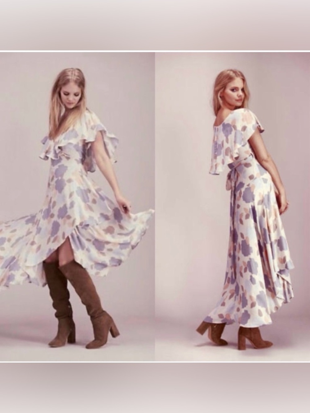 free people faye floral ruffle wrap high low maxi dress flutter hi lo
